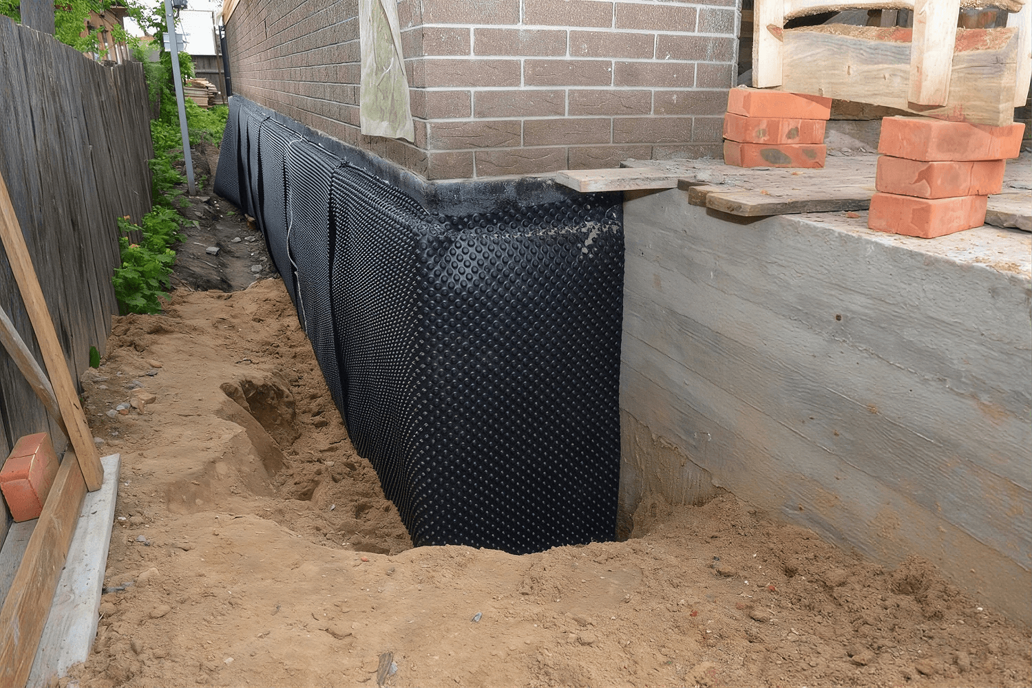 Black plastic foundation drainage system installed along brick foundation wall with soil and construction materials visible at residential construction site