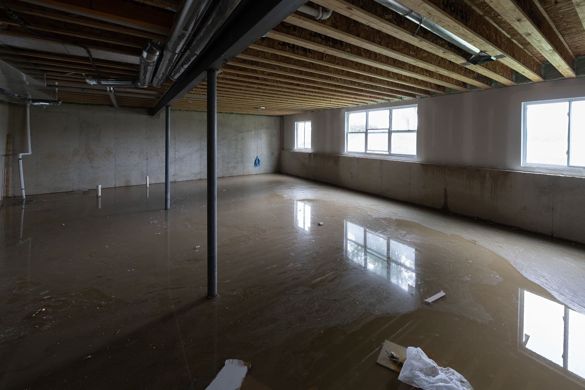 Empty basement with flooded concrete floor reflecting windows and support columns.