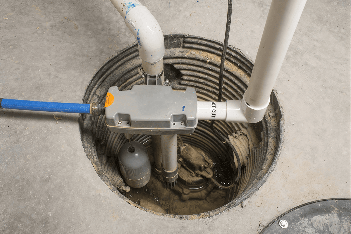 Overhead view of sump pump system installed in basement pit with float switch, discharge pipe, and water accumulation.